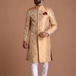 Fawn and Golden Banarasi Brocade Silk Heavy Embroidery Sherwani | Jaipurio